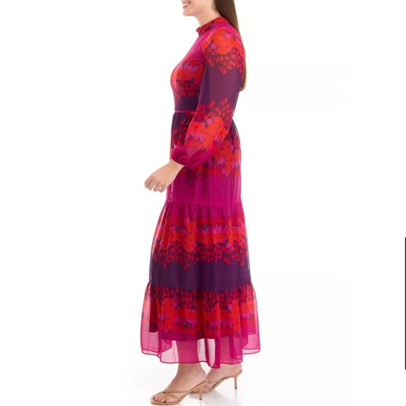 Maison Tara Long Sleeve Mock Neck Printed Chiffon Fit and Flare Dress - Picture 10 of 10